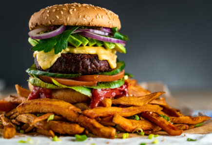 Plant-based burger with sweet potato fries