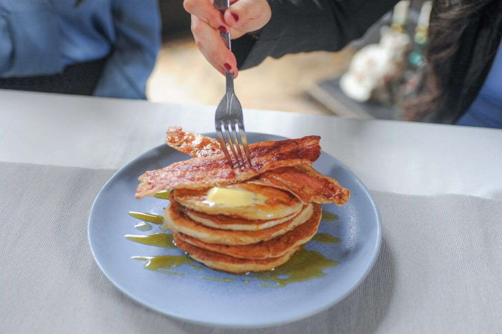 Cambridge-based Higher Steaks' cultivated bacon with pancakes